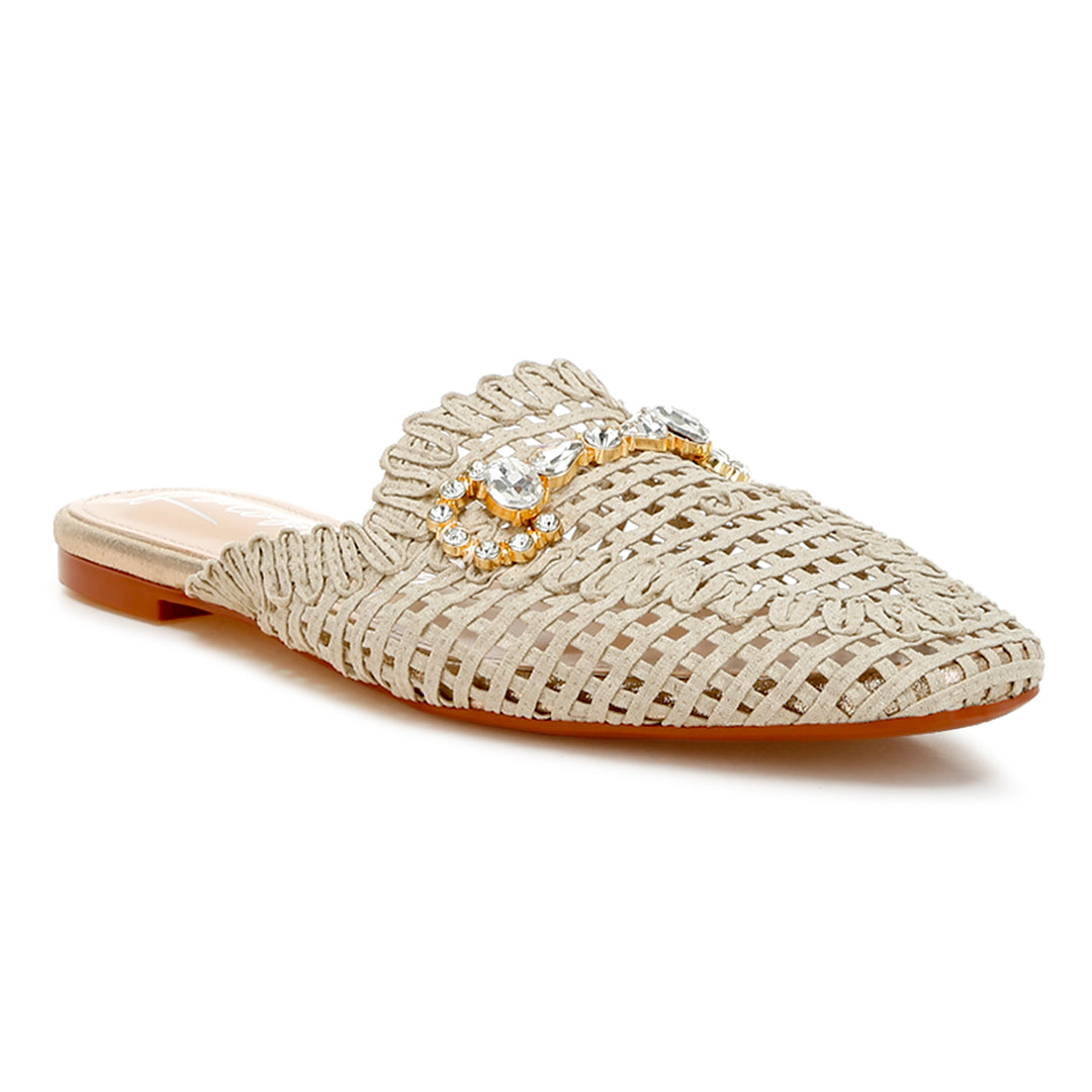 metallic woven diamante mules#color_beige