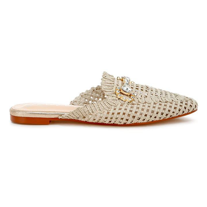 metallic woven diamante mules#color_beige