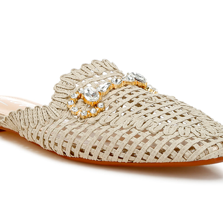 metallic woven diamante mules#color_beige