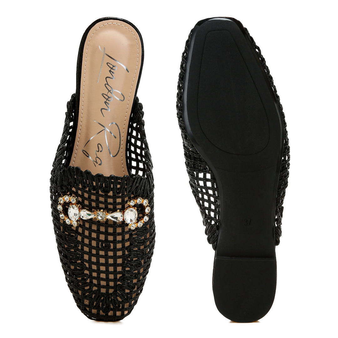 metallic woven diamante mules#color_black