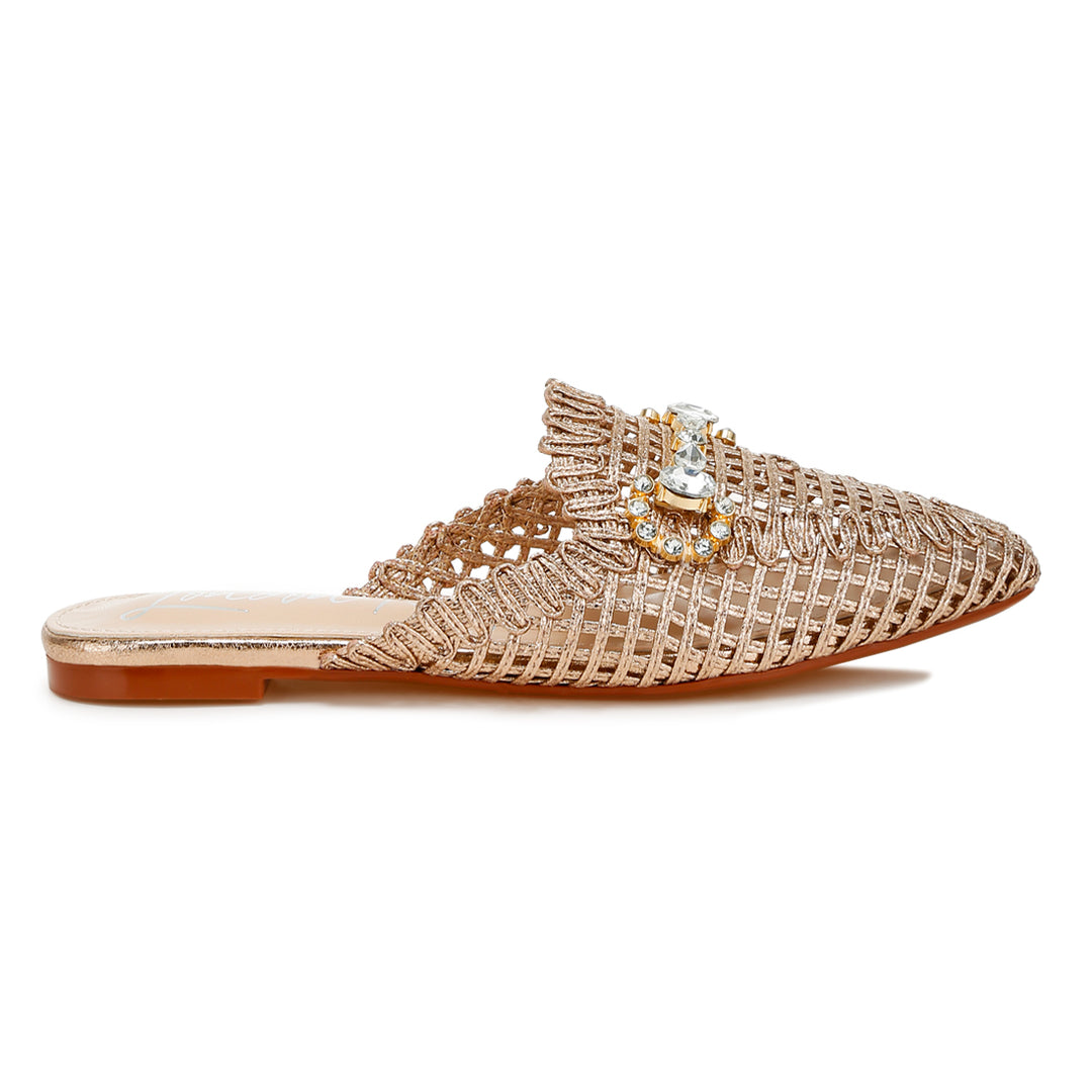 metallic woven diamante mules#color_rose-gold