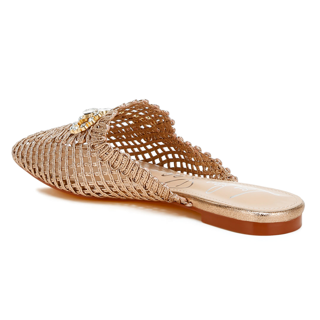 metallic woven diamante mules#color_rose-gold