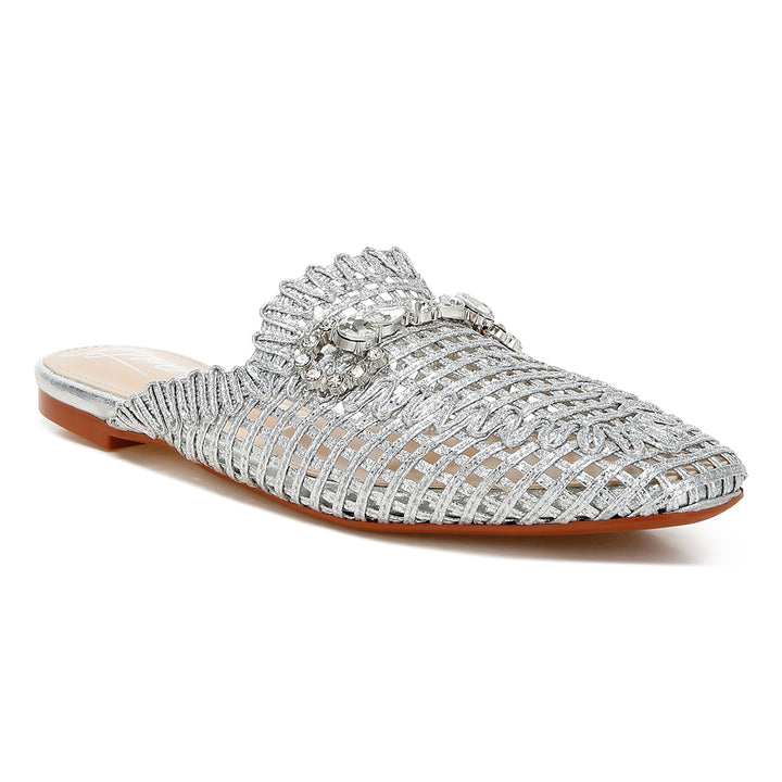 metallic woven diamante mules#color_silver