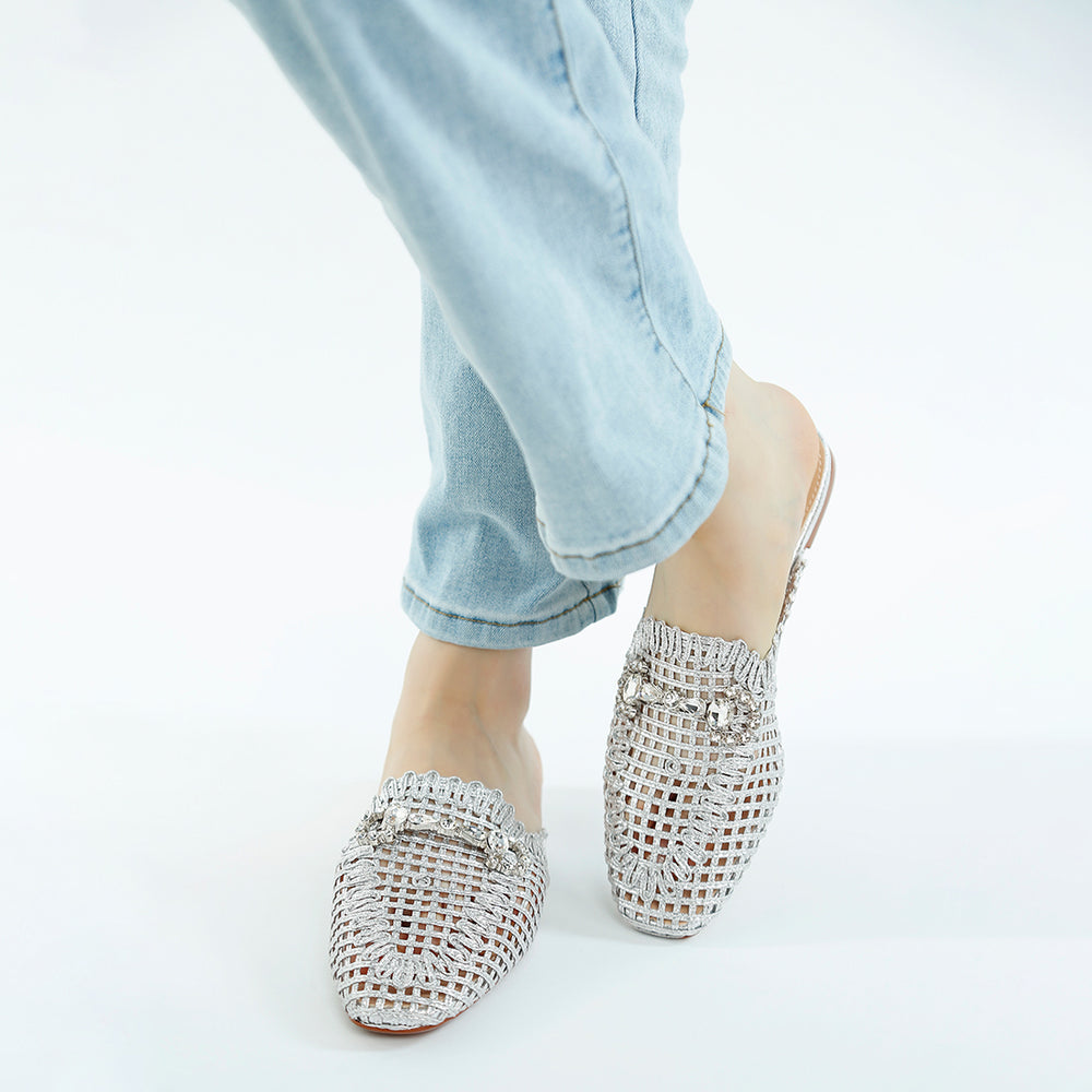 metallic woven diamante mules#color_silver