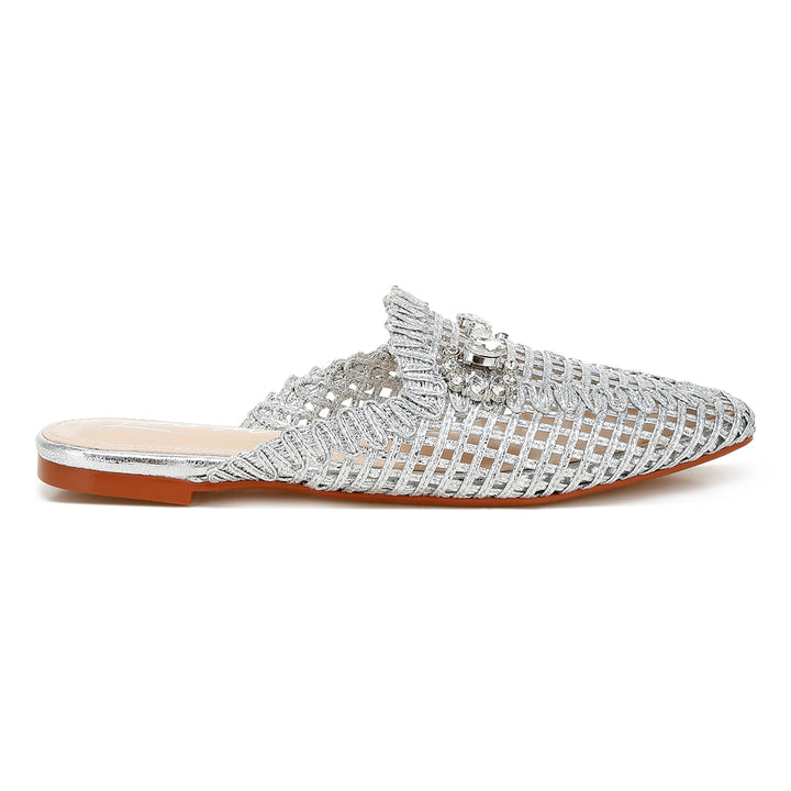 metallic woven diamante mules#color_silver