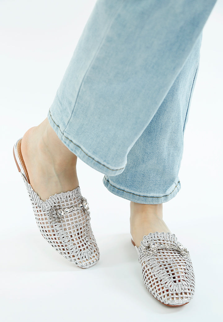 women metallic woven diamante mules#color_silver