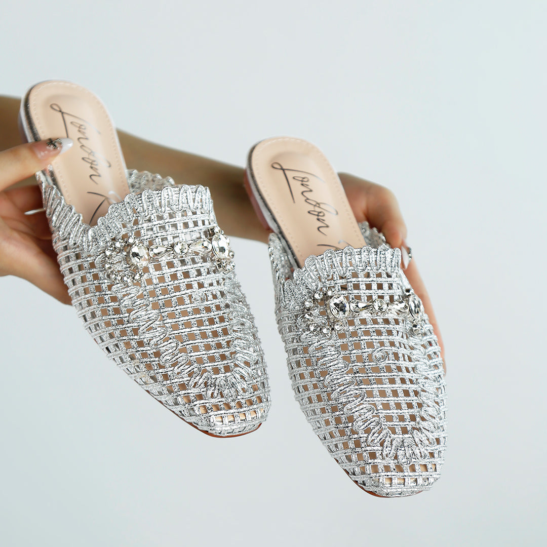 metallic woven diamante mules#color_silver