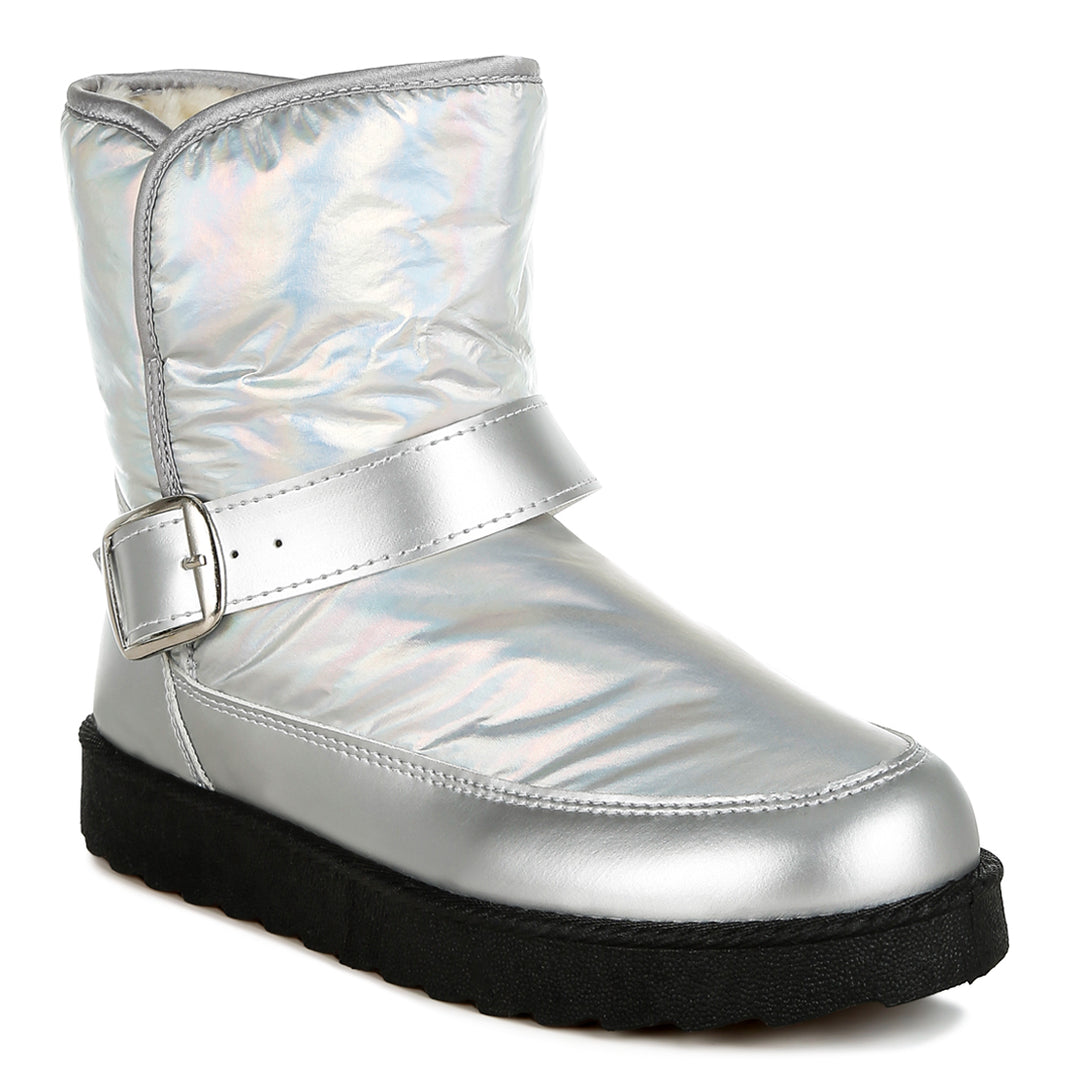 buckle strap puffy ankle boots
#color_silver