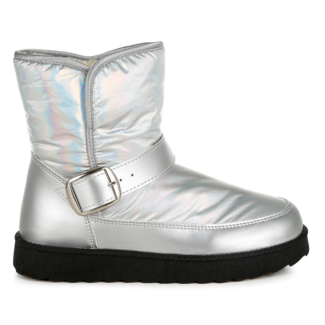 buckle strap puffy ankle boots
#color_silver