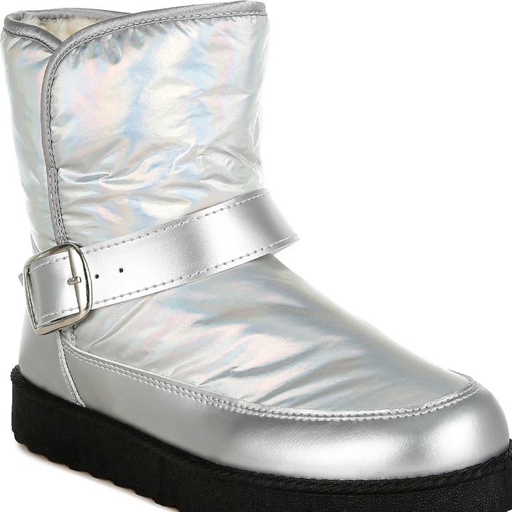 buckle strap puffy ankle boots
#color_silver