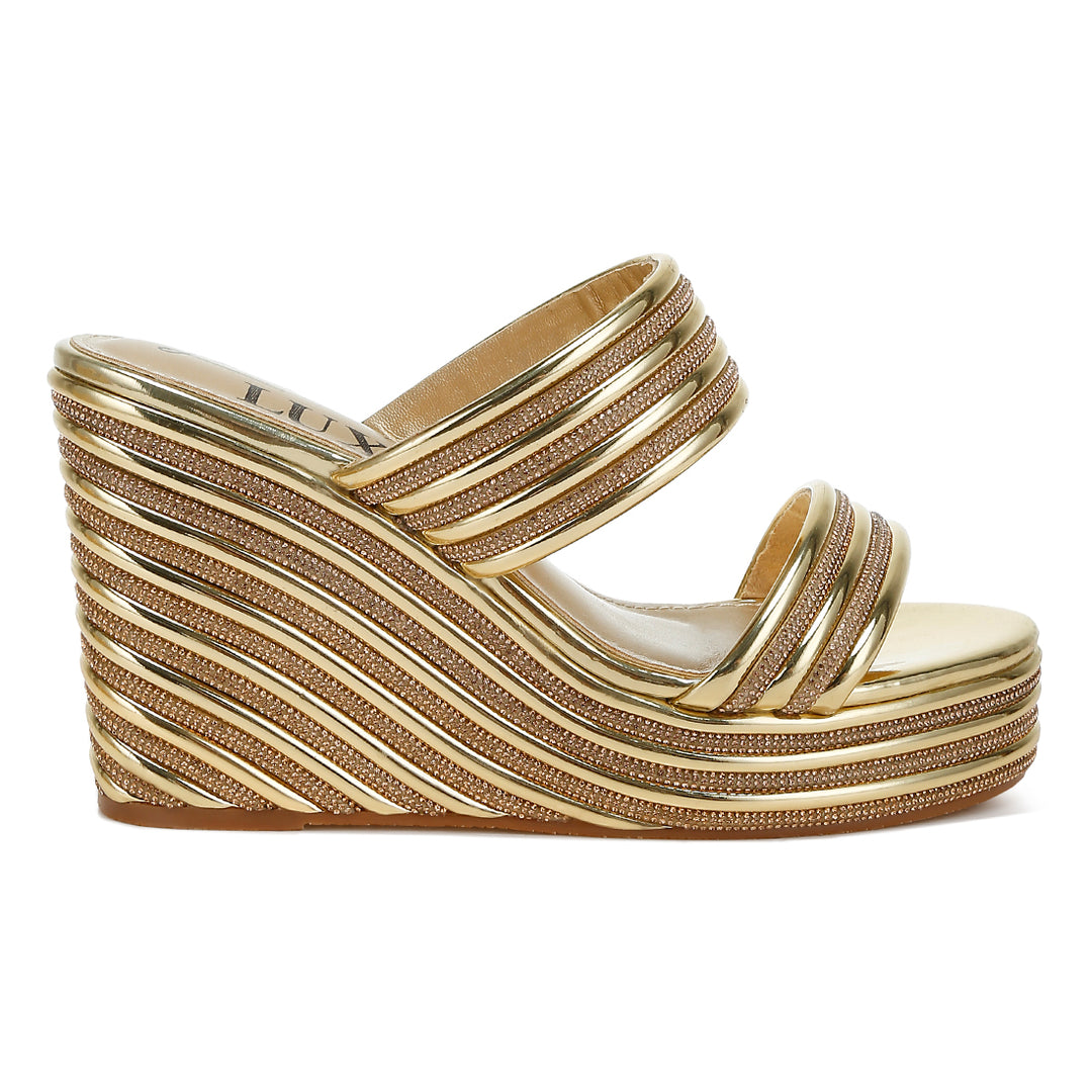 metallic faux leather wedge sandals#color_gold
