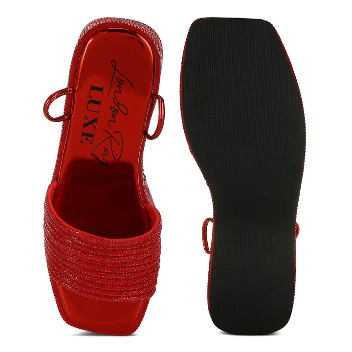 rhinestone embellished lace-up sandals#color_Red