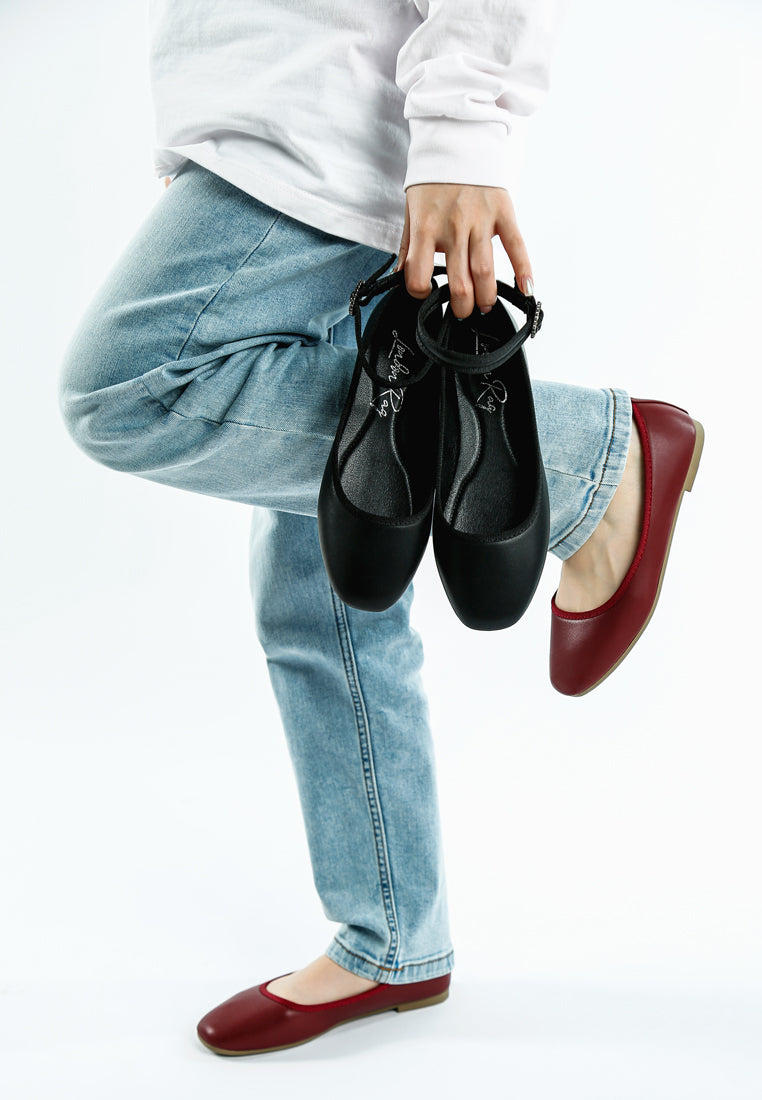 women ankle strap detail ballet flats#color_black