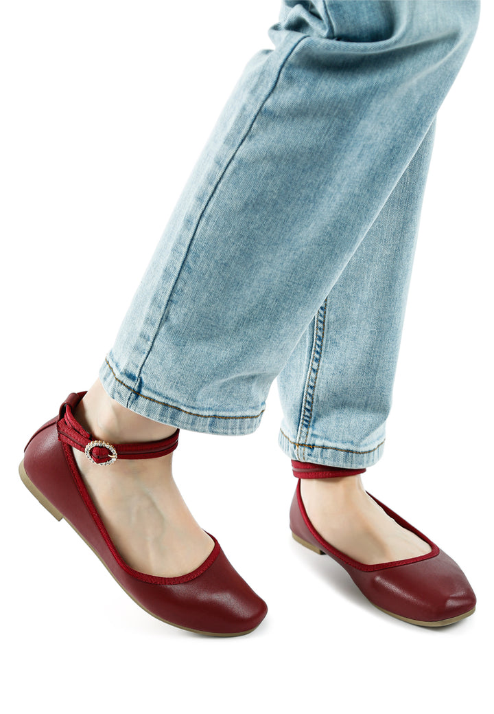 women ankle strap detail ballet flats#color_burgundy