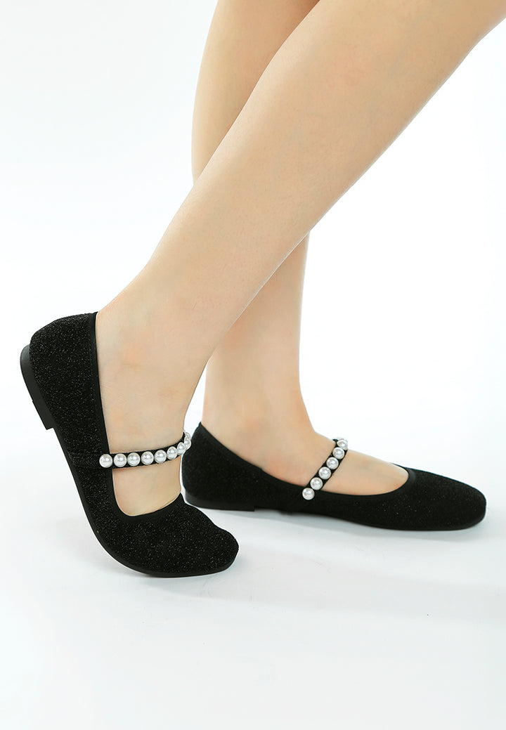 women pearl strapped glitter ballerinas#color_black