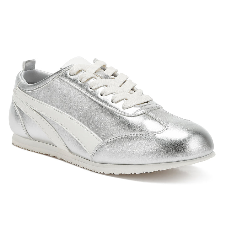 faux leather lace-up sneakers#color_silver