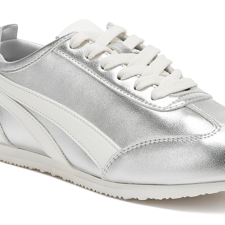 faux leather lace-up sneakers#color_silver