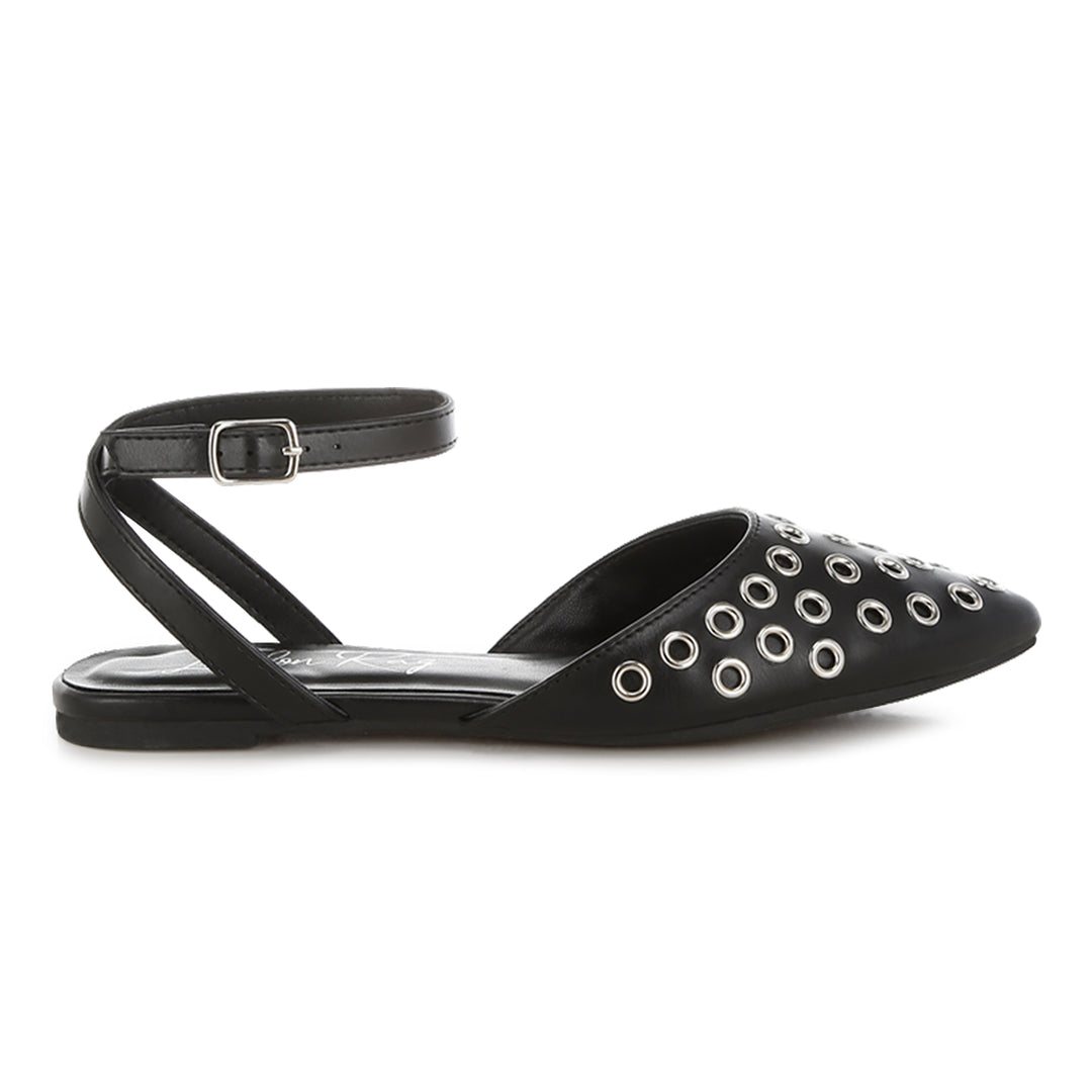 metallic eyelet detail flat sandals#color_black