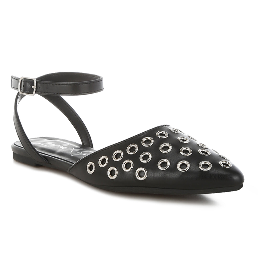 metallic eyelet detail flat sandals#color_black