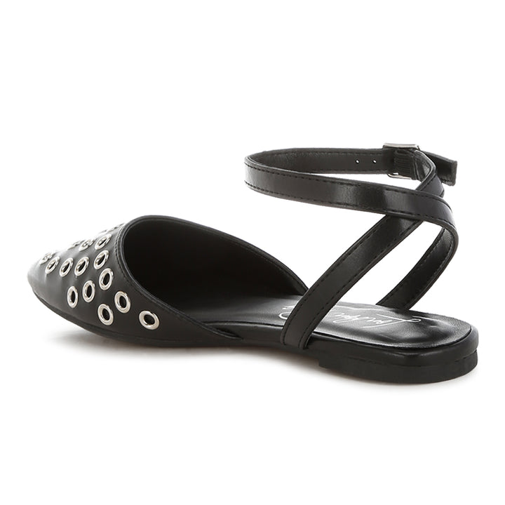 metallic eyelet detail flat sandals#color_black