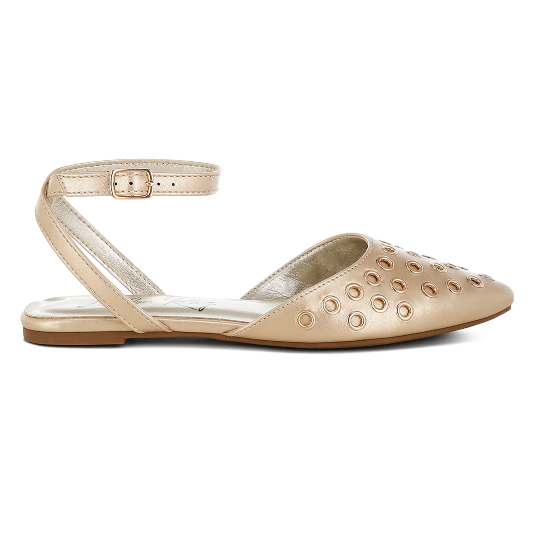 metallic eyelet detail flat sandals#color_gold