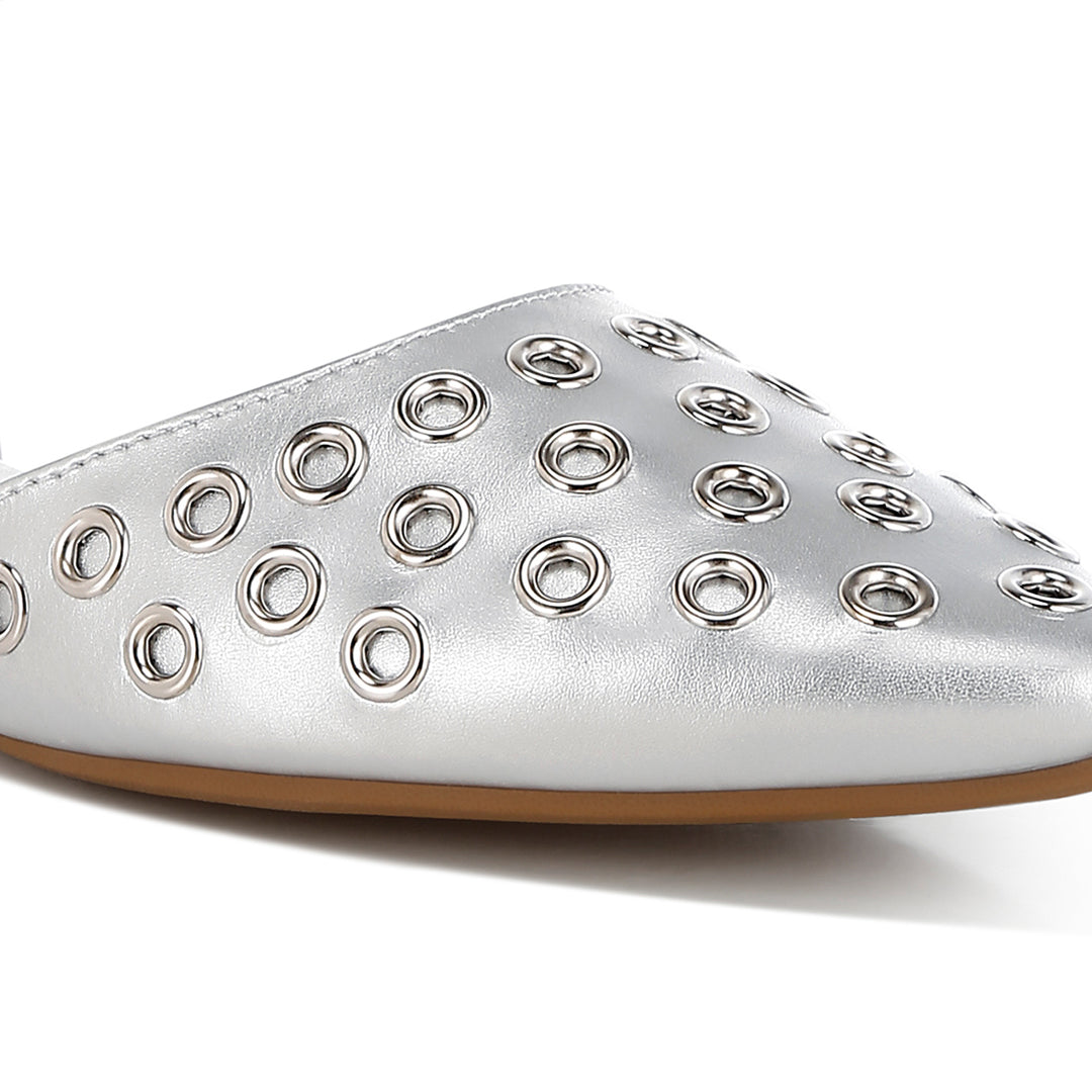 metallic eyelet detail flat sandals#color_silver