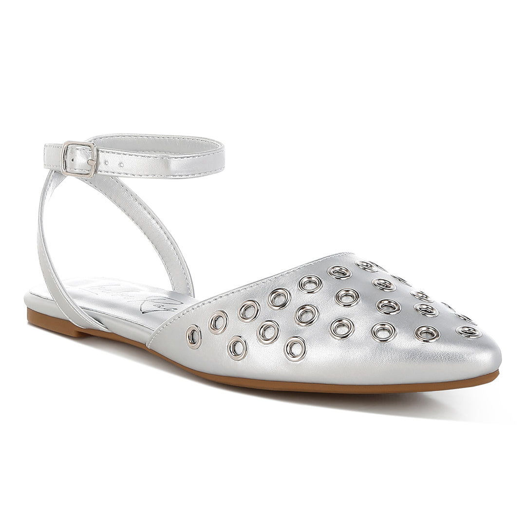 metallic eyelet detail flat sandals#color_silver