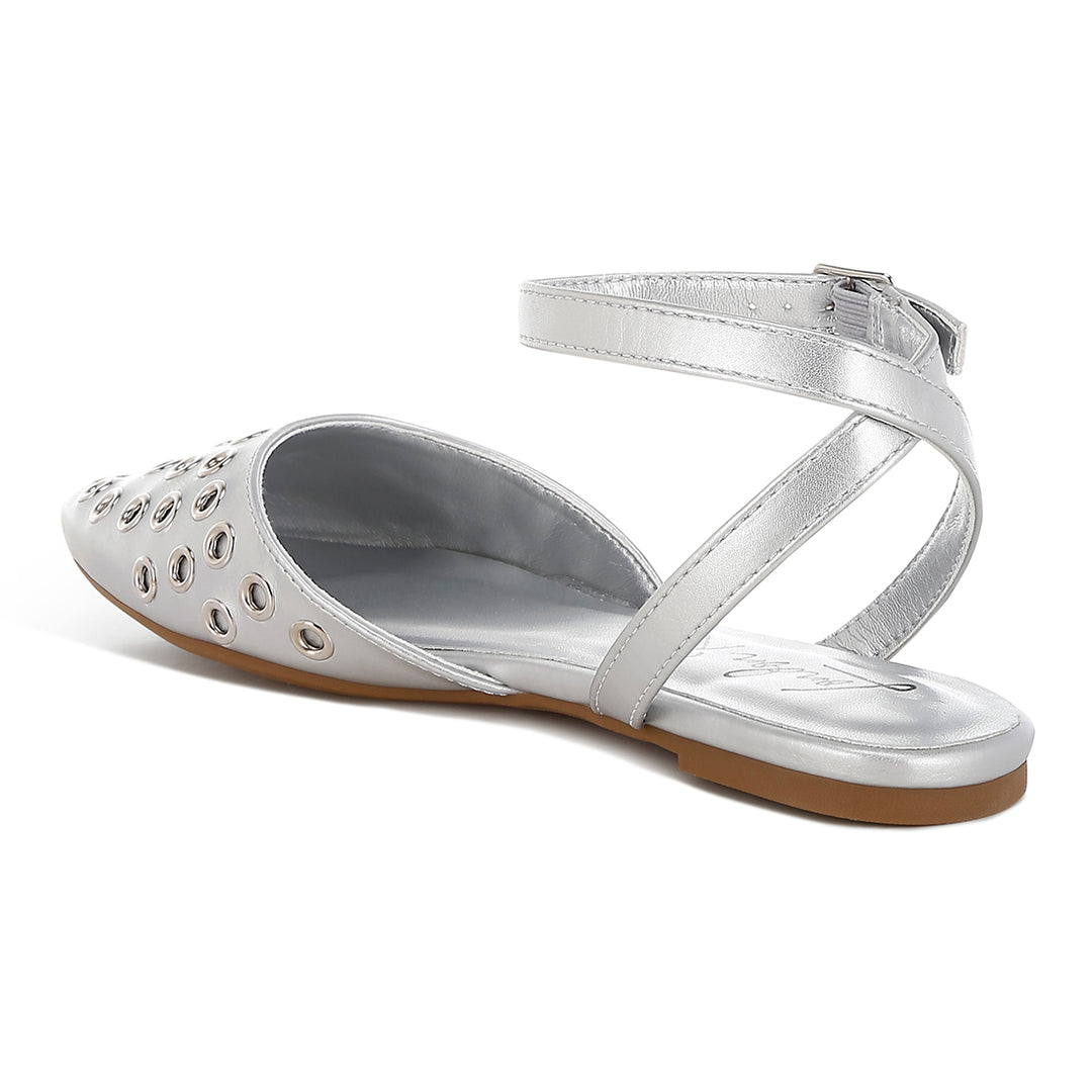 metallic eyelet detail flat sandals#color_silver