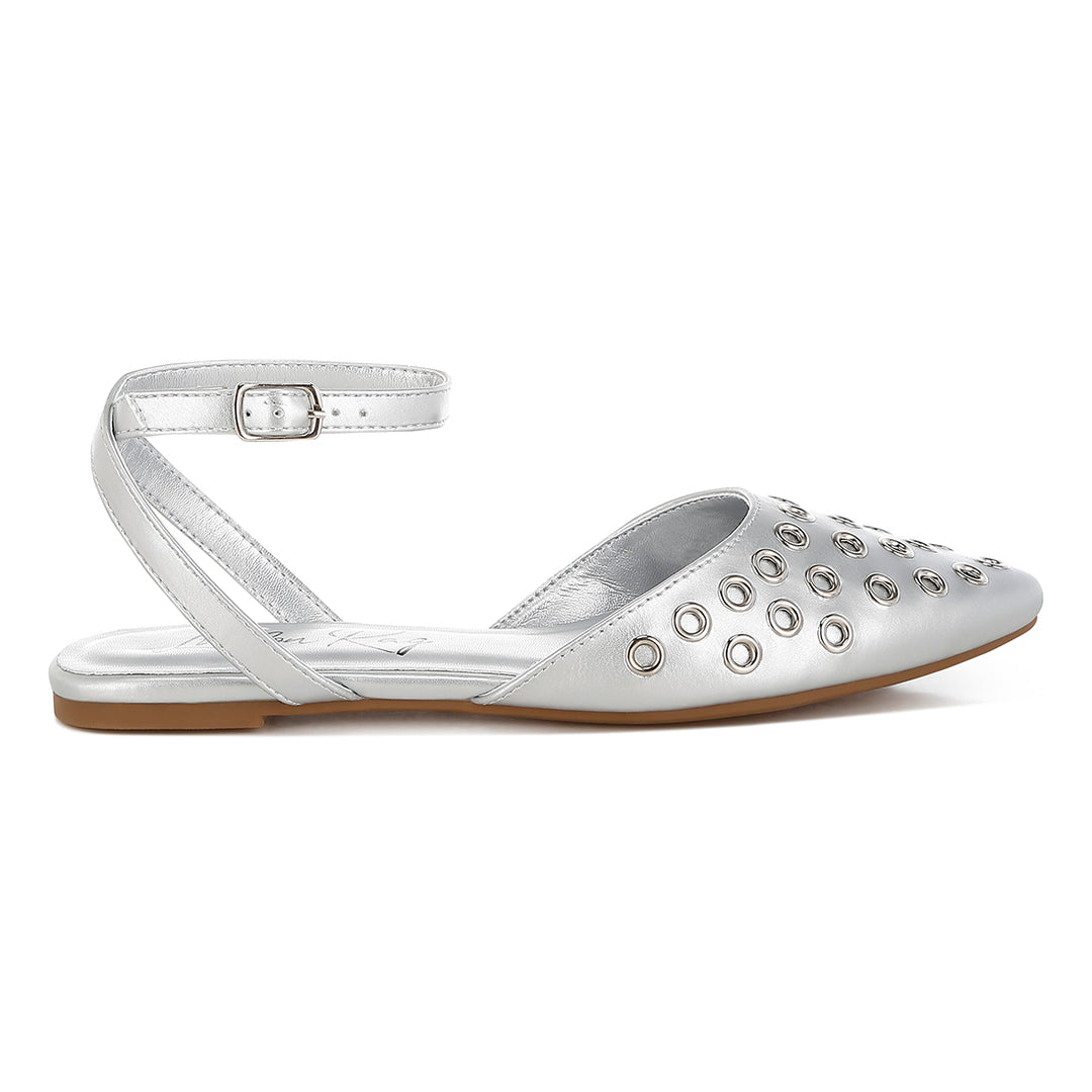 metallic eyelet detail flat sandals#color_silver