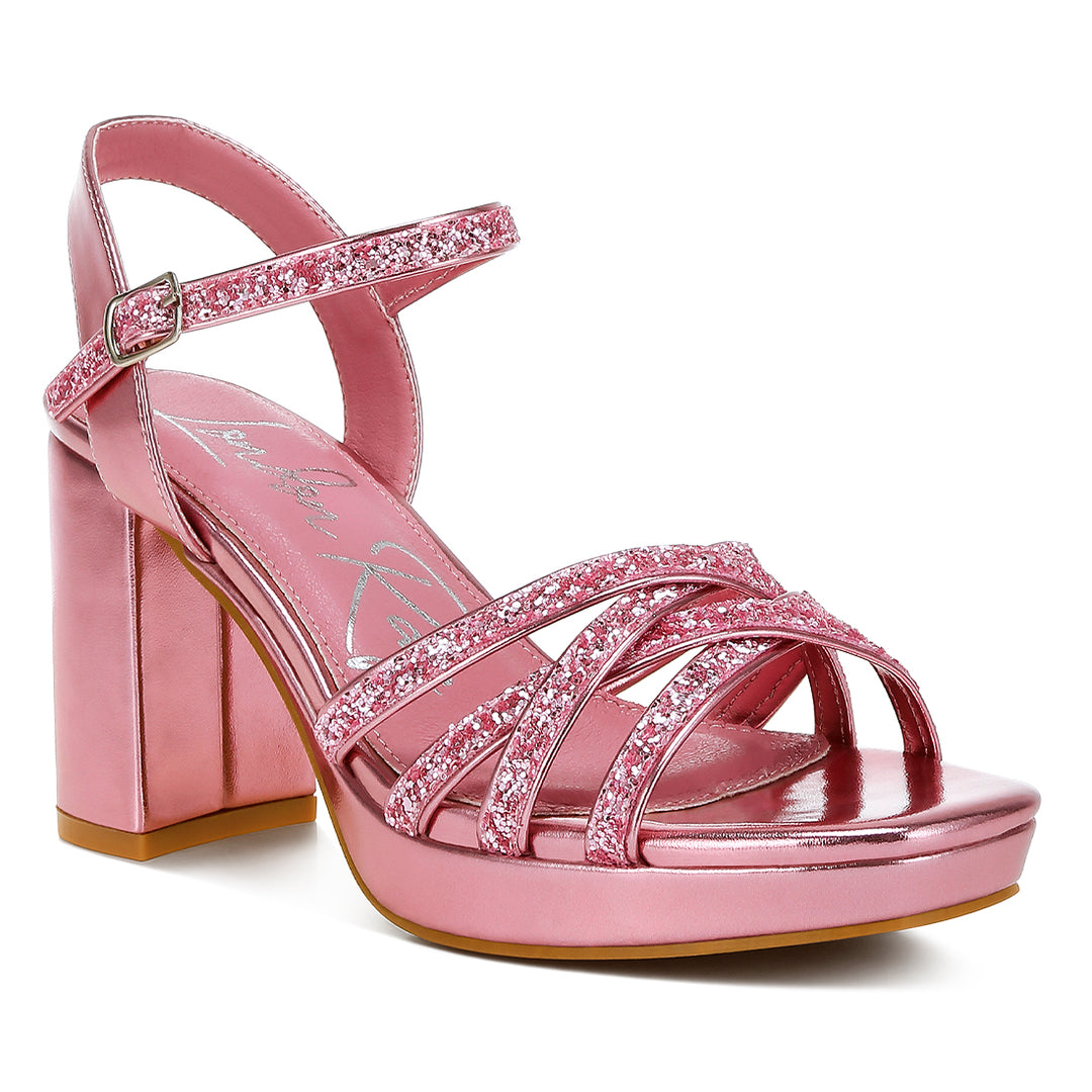 glitter strappy block sandals#color_pink