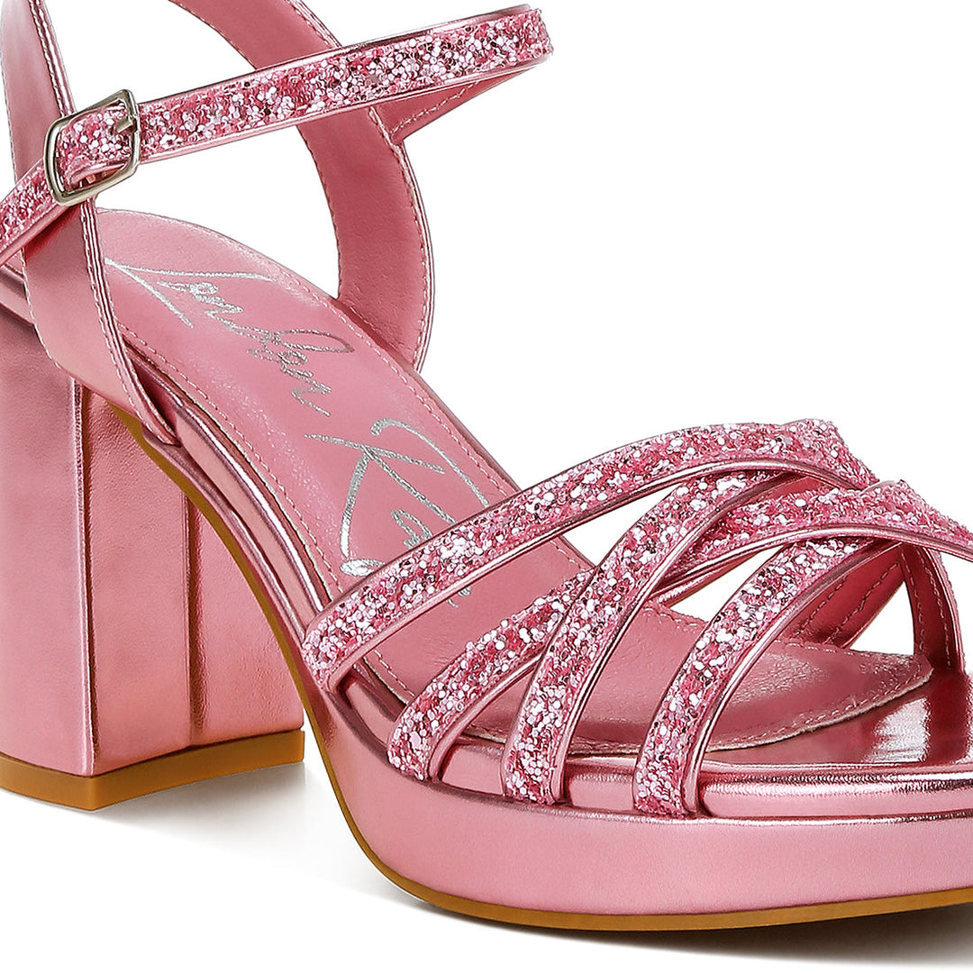 glitter strappy block sandals#color_pink