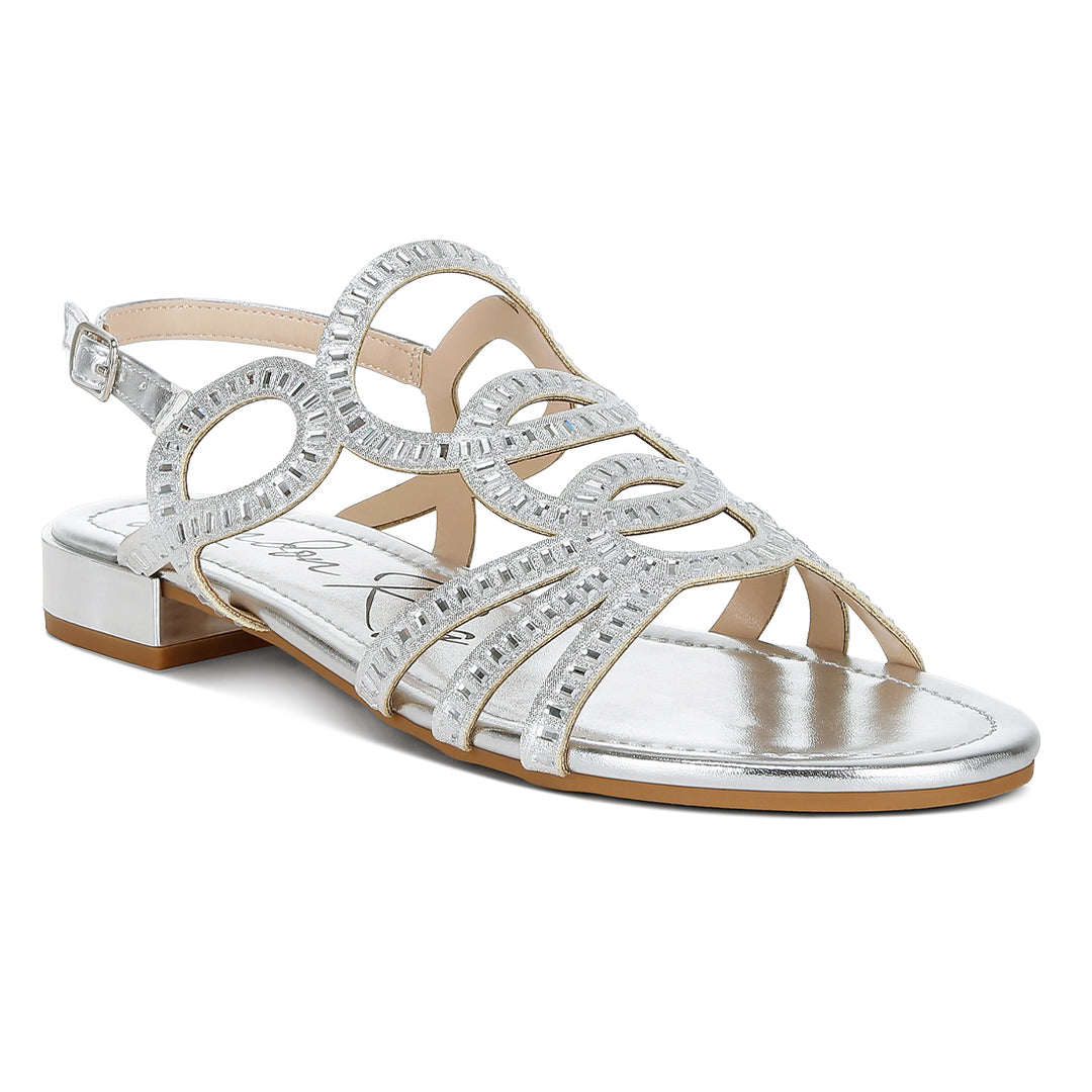 cut out detail rhinestone flat sandals#color_silver