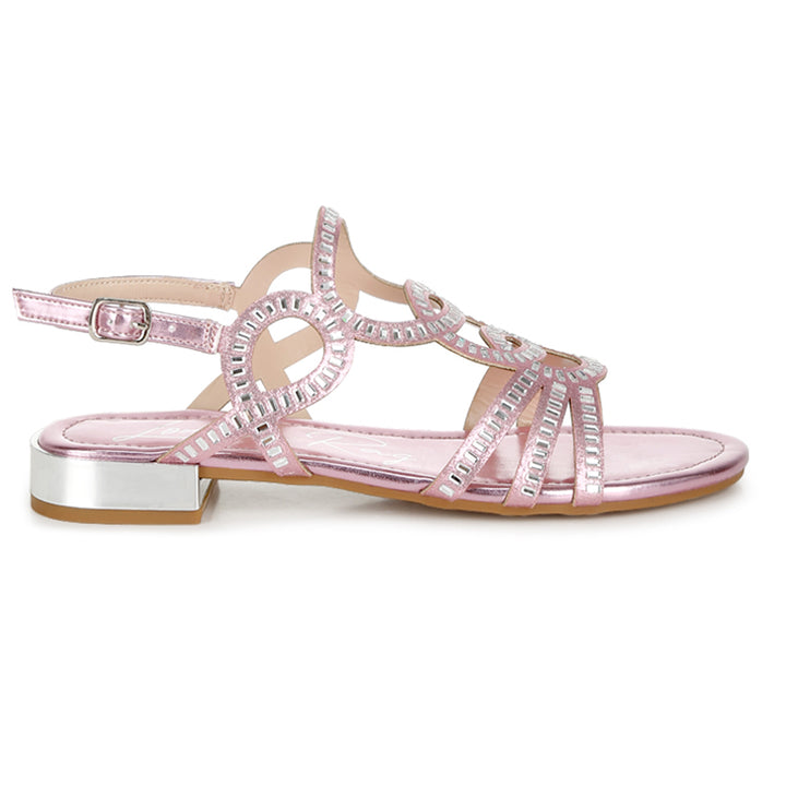 cut out detail rhinestone flat sandals#color_pink