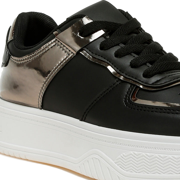 metallic paneling platform sneakers#color_black-pewter