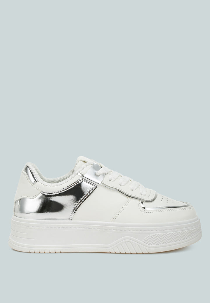women metallic paneling platform sneakers#color_white-silver