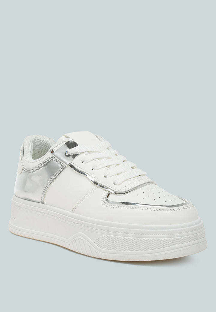 women metallic paneling platform sneakers#color_white-silver
