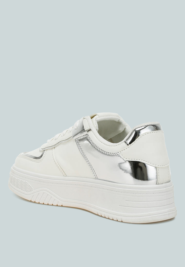women metallic paneling platform sneakers#color_white-silver
