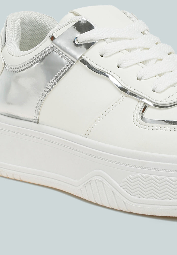 women metallic paneling platform sneakers#color_white-silver