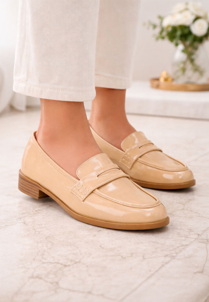 women penny strap detail loafers#color_beige