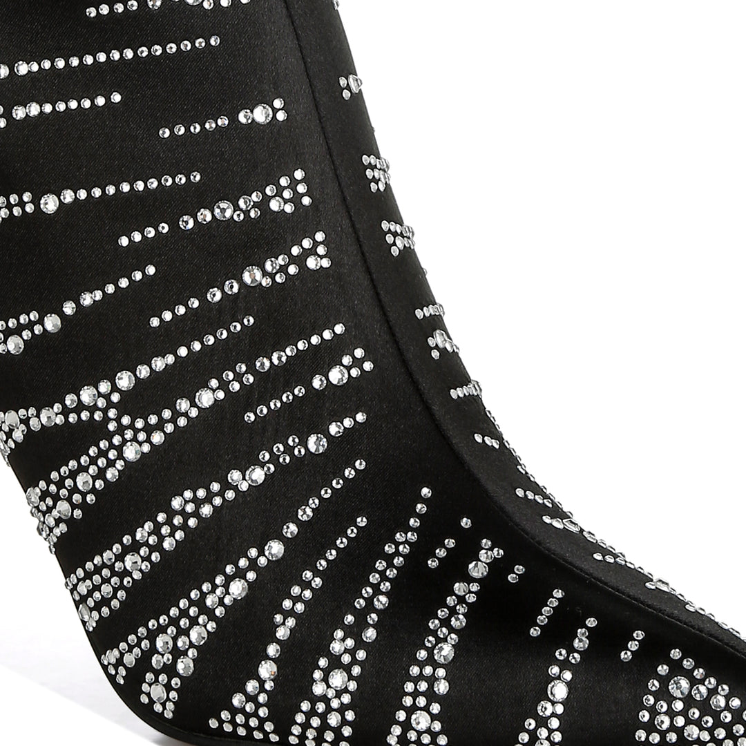 women satin rhinestone ankle party boots#color_black