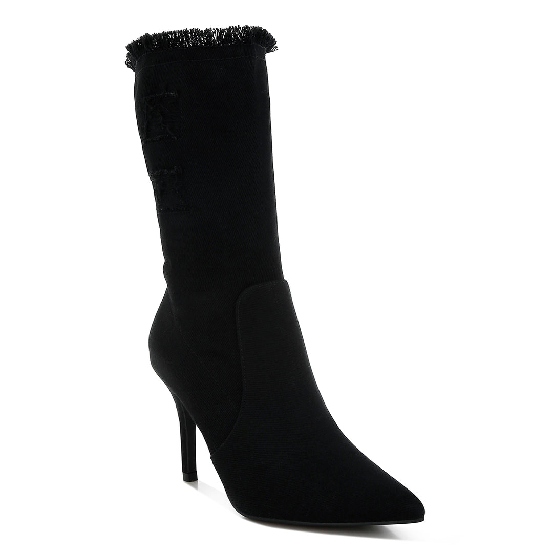 distressed denim mid-calf boots#color_black