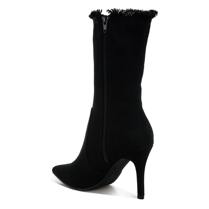 distressed denim mid-calf boots#color_black