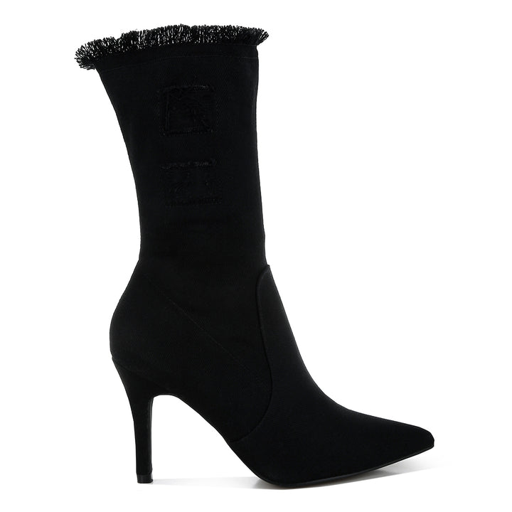 distressed denim mid-calf boots#color_black