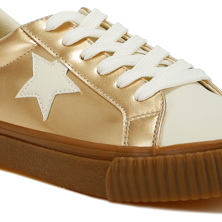 metallic faux leather star sneakers#color_gold