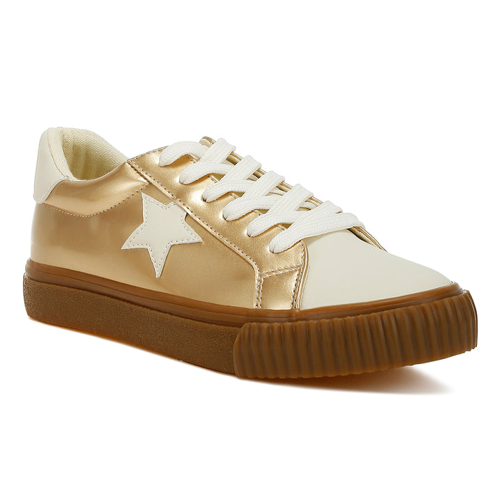 metallic faux leather star sneakers#color_gold