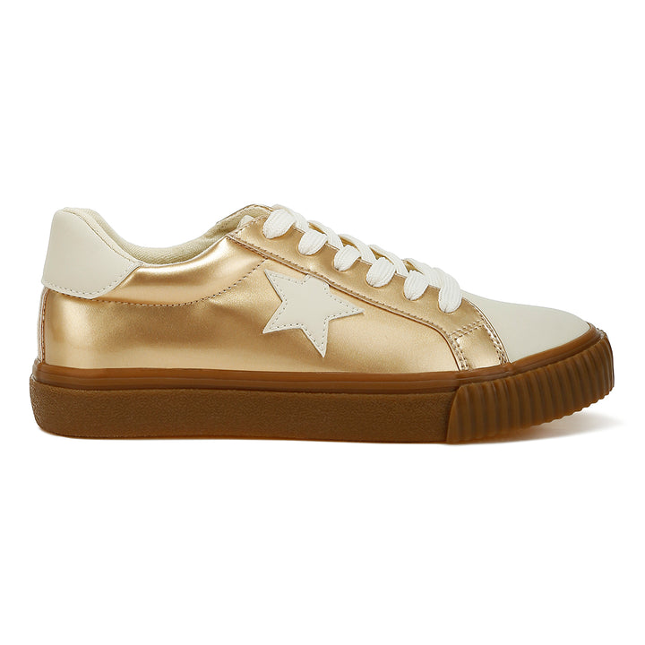 metallic faux leather star sneakers#color_gold