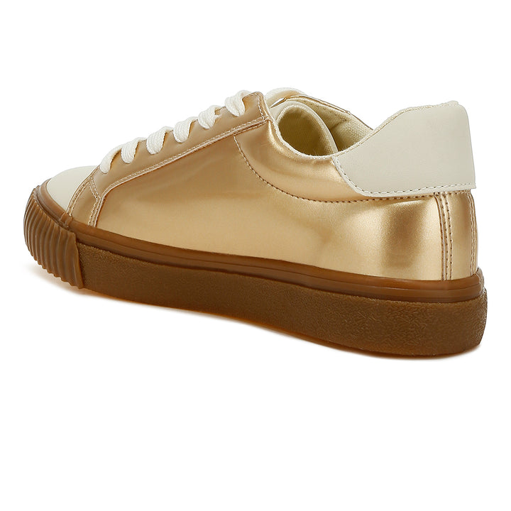 metallic faux leather star sneakers#color_gold