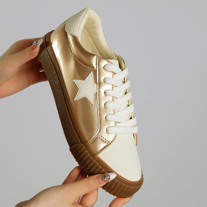 metallic faux leather star sneakers#color_gold