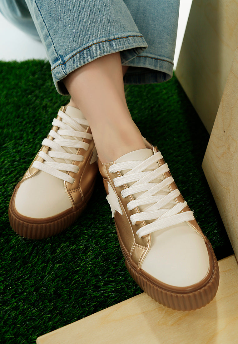 Women Metallic Faux Leather Star Sneakers#color_gold