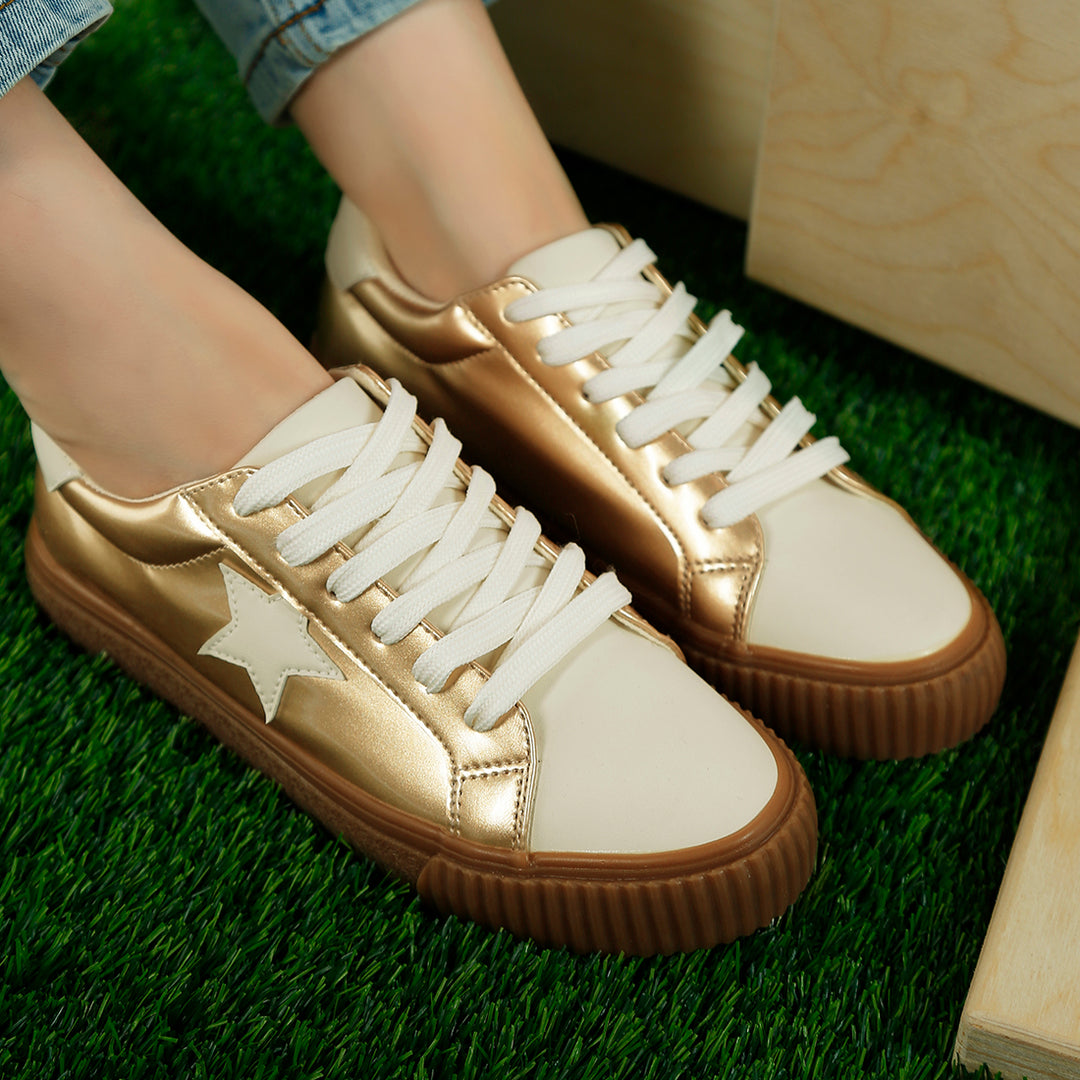 metallic faux leather star sneakers#color_gold